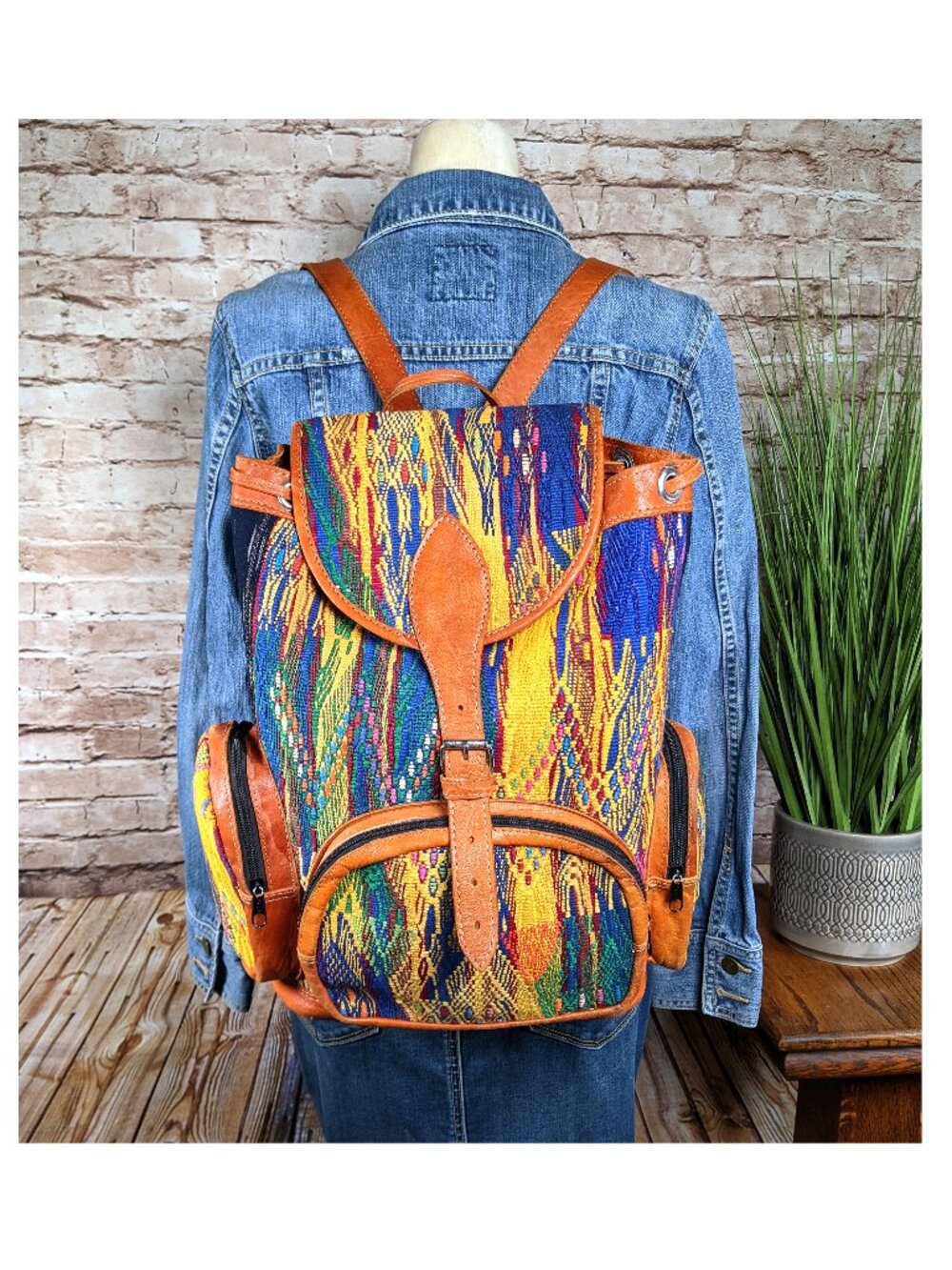 Handmade Woven Backpack Leather Trim Boho Tribal Stripe Ethnic Rucksack Nice!